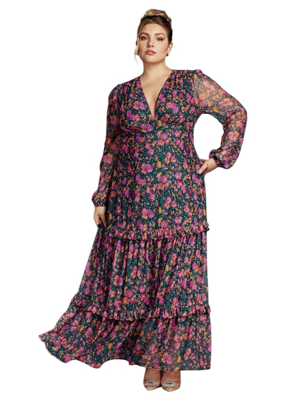 Curveins Size 4X Mesh Floral Print Lantern Sleeve Tiered Maxi Dress New
